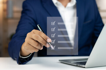 Digital Checklists for efficient business management, Businessman touching marking on checklist guide to paperless assessment and Future Success, Streamlining operations with online surveys. - obrazy, fototapety, plakaty