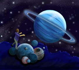 a girl in space launches the planets like frisbees. bright space illustration