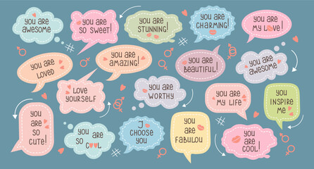 Set of inspirational speech bubbles with compliments, quotes about love for yourself and others. Cartoon icons, stickers, vector