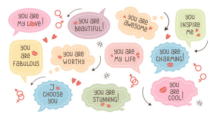 Set of inspirational speech bubbles with compliments, quotes about love for yourself and others. Cartoon icons, stickers, vector