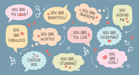 Set of inspirational speech bubbles with compliments, quotes about love for yourself and others. Cartoon icons, stickers, vector