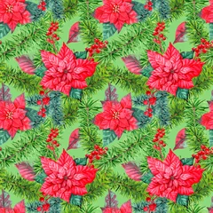 Fotobehang Aquarelle painted jointless tiles with traditional Red Poinsettia and fir paws decor. For wallpapers, textile, wrapping paper © ARTBRUSH