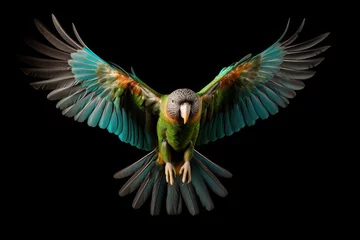 Gordijnen Flying parrot on black background © Veniamin Kraskov