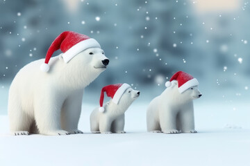 Polarbear family with santa claus hats in winter
