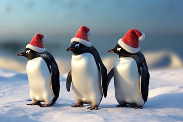 Three penguins with santa claus hats - obrazy, fototapety, plakaty