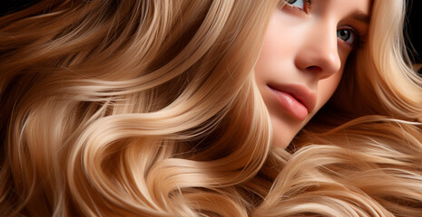 Blonde hair close-up as background. Women's long natural blonde hair. Girl with wavy shiny curls - AI generated image