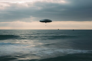 a unidentified object hovering above the sea. Generative AI