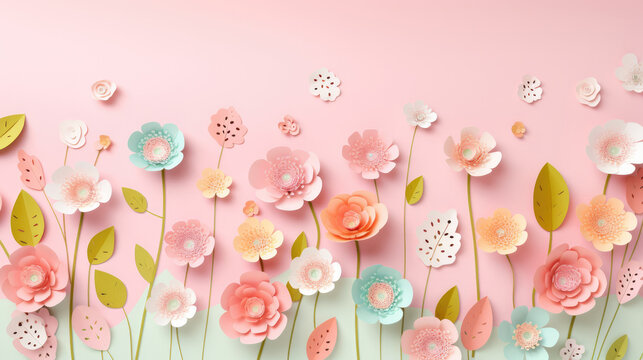 Pink springtime widescreen background with colorful 3D flowers at the bottom, room for copyspace above flowers