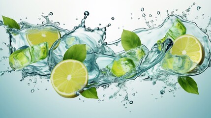 A photo of Mojito with ice cubes and mint leaves in water splash on light background Generative AI