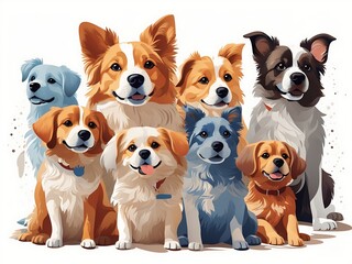 a group of dogs But separate sitting next to each other on top of a white background; with a dog's face drawn in different colors, furry art, vector art, Claire Dalby, cute and funny
