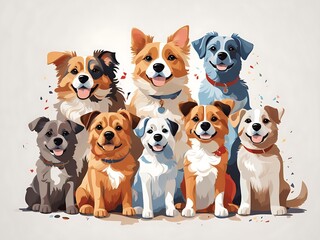 a group of dogs But separate sitting next to each other on top of a white background; with a dog's face drawn in different colors, furry art, vector art, Claire Dalby, cute and funny