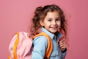 A photo of Portrait of a cute little girl with curly hair and a pink backpack on a pink background Generative AI