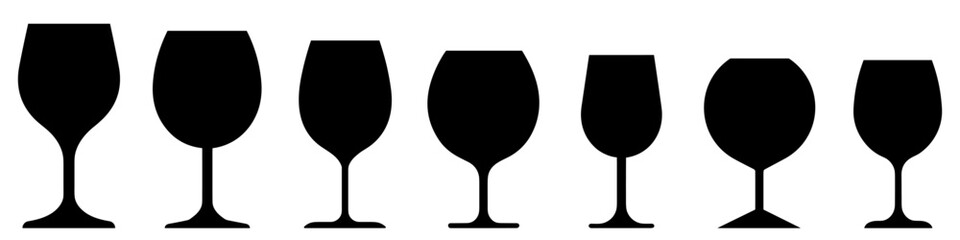 Wine glass icon. Set of various wine glasses. Black silhouette of wine glass.