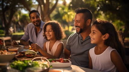 familia latina disfrutando de una comida al aire libre bajo el sol de primavera