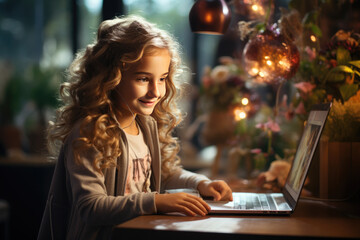 Smiling beautiful girl with headphones sitting at a laptop. Distance learning, online learning,...
