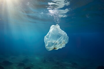 Fototapeta premium Underwater pollution:- A discarded plastic carrier bag drifting in a tropical, blue water ocean