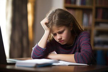 Young girl who is tired of studying, overworked and stress of school concept
