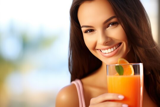 Laughing woman with a stack of orange juice