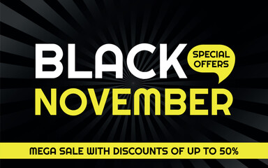Black November Advertising Banner, Template Black and Yellow, Radial Background, Removable Texts to Edit, Special Offers, 50% off.