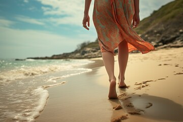 Closeup of female bare feet in long skirt walking on the sandy sea beach at sunset