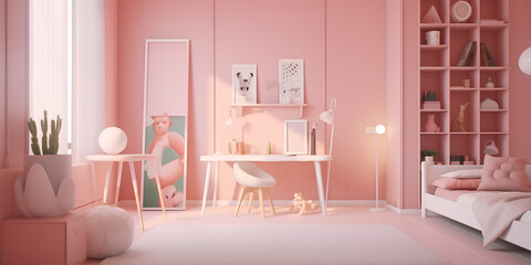 Cozy interior of children room in pink colors