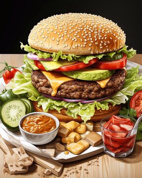 2d illustration of delicious hamburger with fresh lettuce, onion, juicy tomato slices and fried potatoes, ketchup. Illustration wit AI generation