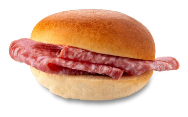 Sandwich with salami, bun stuffed with slices of sausage isolated