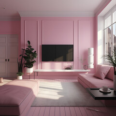Interior of living room in pink colors in modern house.