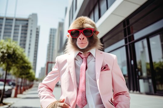 A Monkey is wearing sunglasses, suit and standing on street.