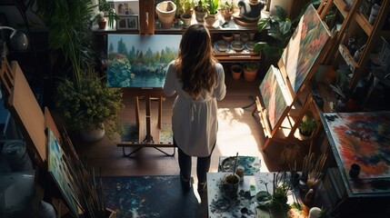 Fototapeta premium Back viewe woman Artist painting artwork at workspace.