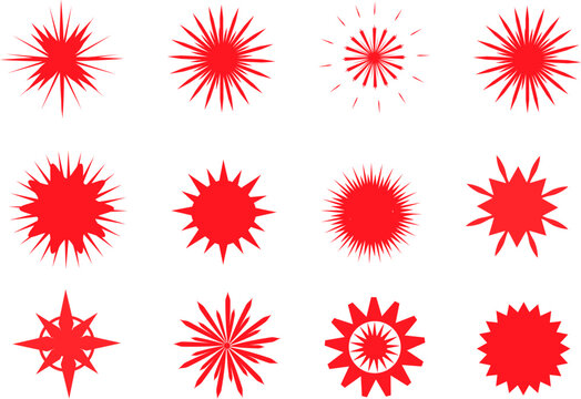 Collection red stars stickers and badges for promotion.Starburst stickers set - a collection of round and oval bright labels and buttons with promotional offers isolated on a white background. 