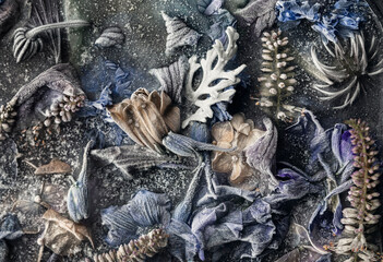 Blue frozen flowers in the ice with bubbles. Abstract organic art. Autumn background.