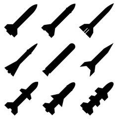 Missile icon set. Missile graphic resources for icon, symbol, or sign. Vector icon of rocket missiles for design of war, conflict or military - obrazy, fototapety, plakaty