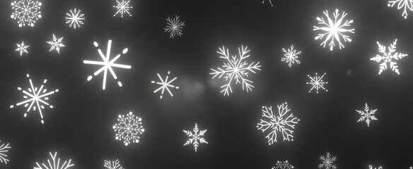 Snowflakes and bokeh lights on the blue Merry Christmas background. 3D render