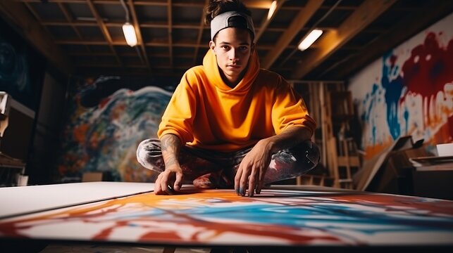 Young man Artist painting modern artwork at workspace.