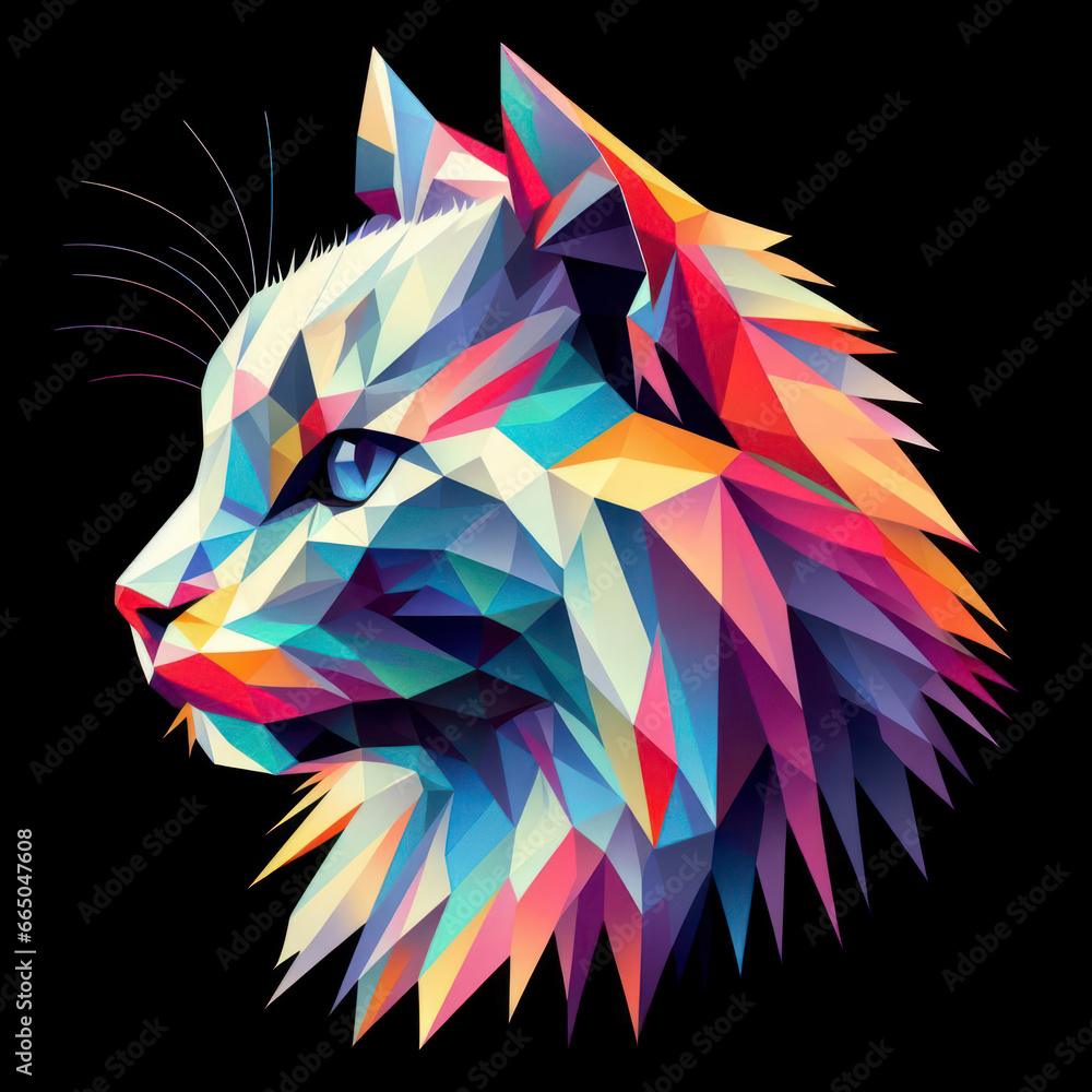 Poster abstract colorful polygon cat side view on black background. ai generative
