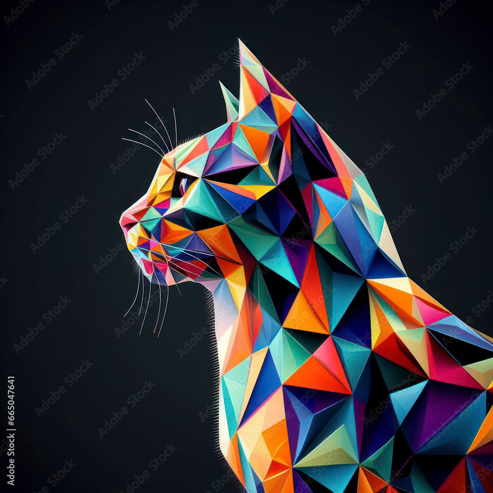Aufkleber abstract colorful polygon cat side view on black background. ai generative