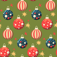 Christmas seamless pattern with round Christmas tree toys and confetti of stars. A bright round figure with blue, red and yellow stripes on a green background. Vector flat illustration. New Year's