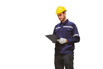 Engineer worker, service worker caucasian professional standing wear safety helmet at work holding document clipboard taking notes recording work cargo logistics on a white background.