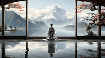 Meditation of a Zen / Buddhist Monk, surrounded by a traditional japanese landscape, atmospheric and moody landscape, pensive stillness within a mystic landscape.