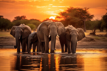 Silhouetted against the golden sky, a majestic herd of elephants stands united in the serene waters of the river, their powerful tusks glinting in the warm sunrise, a breathtaking sight on their wild