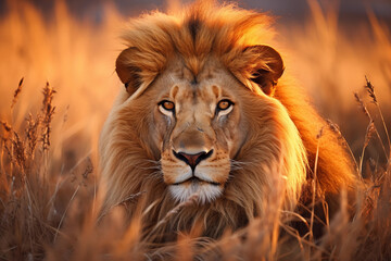 Amidst the vast savannah, a majestic lion stands tall, its golden mane blending with the swaying grass as it surveys its wild kingdom