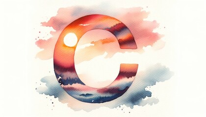 Watercolor painting of a bold and artistic letter 'C', painted with a blend of sunset hues, set against a light, ethereal background