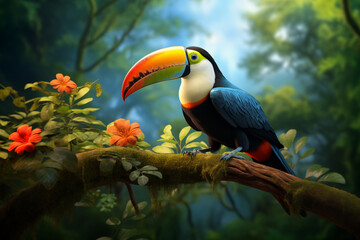 Naklejka premium Perched on a leafy bough, a vibrant toucan and regal hornbill bask in the natural beauty of the great outdoors