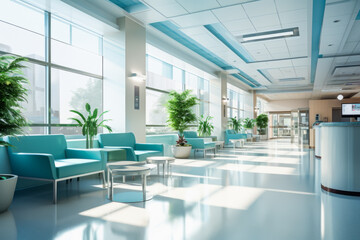 Natural lighting of sleek design modern clinic lobby in background of clean simple hospital. Health concept suitable for diagnosis and treatment. - obrazy, fototapety, plakaty