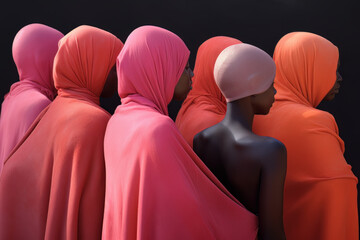 Group of African women wearing bright pink robes leading naked teenager in swimming cap for a ritual bath