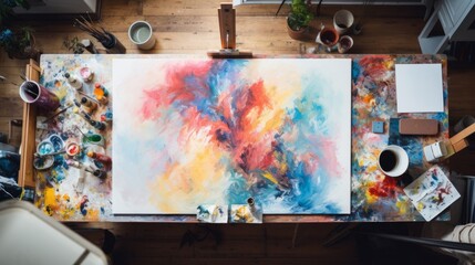 Artworks are displayed in the studio artist workplace