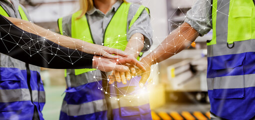 Group of civil engineering workers collaborates colleague with fist and field coordination in organization and teamwork : Building network of people in a successful teamwork concept. - obrazy, fototapety, plakaty