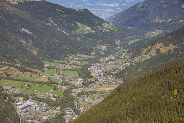 An aerial view of the pretty French Alpine village of Les Contamines-Montjoie taken from Refuge Tre la Tete