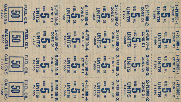 Close up of world war II fuel oil and gas rationing stamps background